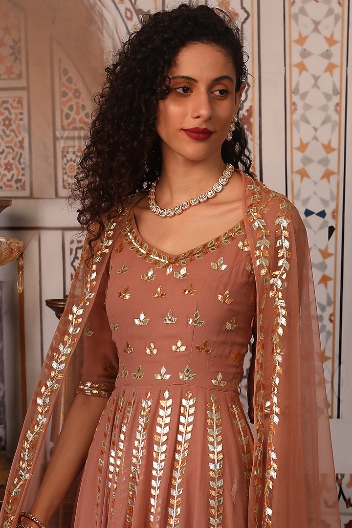 Champagne Embellished Wedding Anarkali Set  by Esha Koul at Pernia's Pop Up Shop