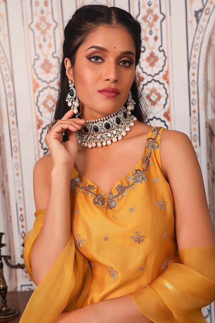 Mustard Embellished Skirt Set by Esha Koul at Pernia's Pop Up Shop