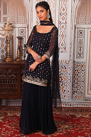 Navy Blue Georgette Sharara Set by Esha Koul