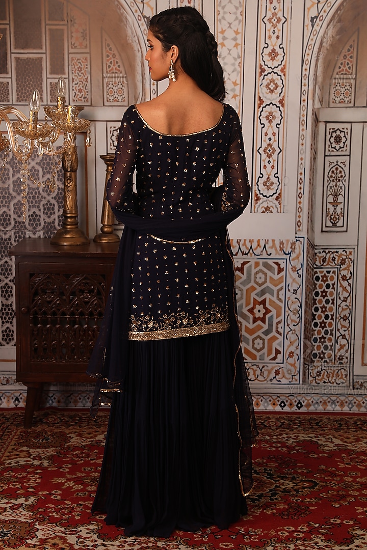 Navy Blue Georgette Wedding Sharara Set by Esha Koul at Pernia's Pop Up Shop