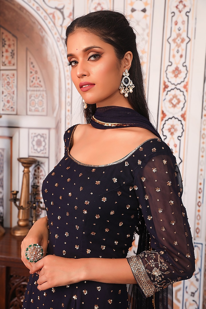 Navy Blue Georgette Wedding Sharara Set by Esha Koul at Pernia's Pop Up Shop