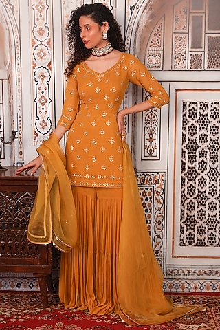 Mustard Georgette Sharara Set by Esha Koul