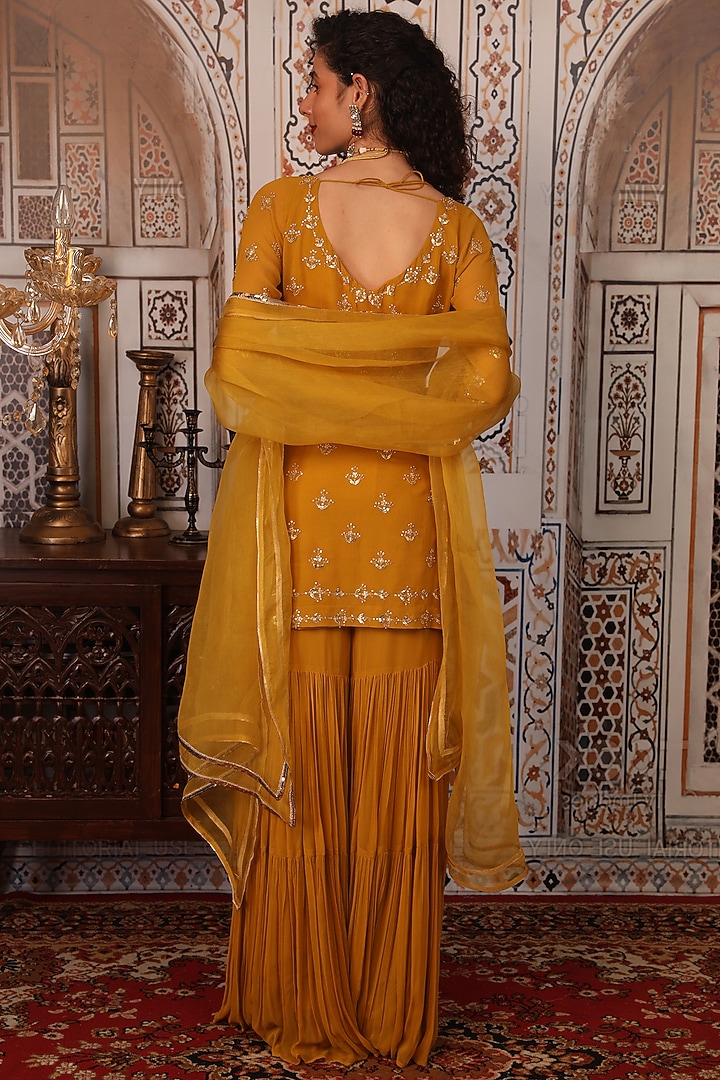 Mustard Georgette Wedding Sharara Set by Esha Koul at Pernia's Pop Up Shop