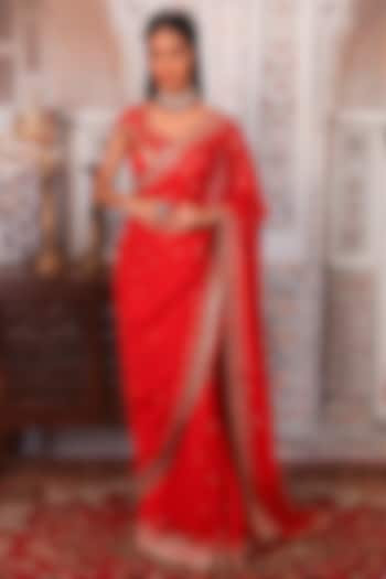 Rust Red Embellished Saree Set by Esha Koul