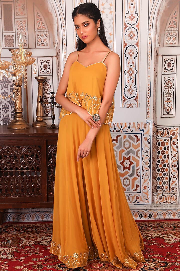Mustard Georgette Gota Embellished Palazzo Pant Set by Esha Koul at Pernia's Pop Up Shop