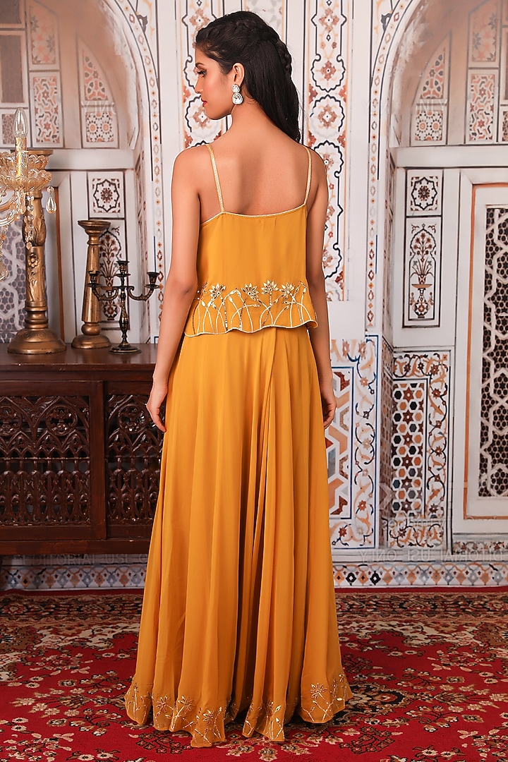 Mustard Georgette Gota Embellished Palazzo Pant Set by Esha Koul at Pernia's Pop Up Shop
