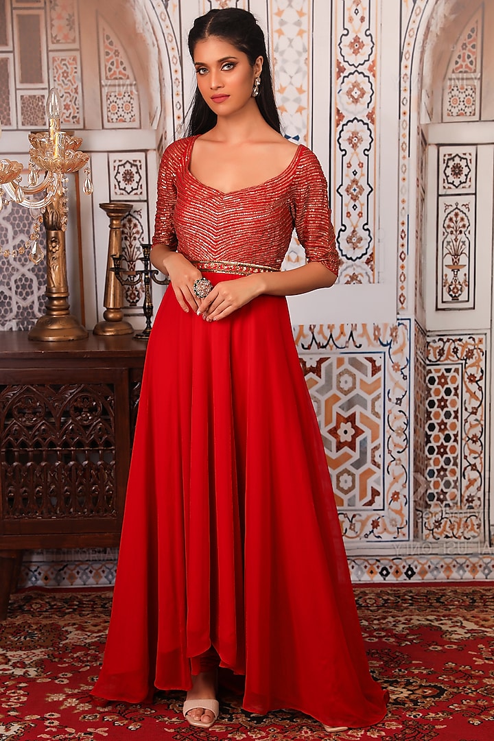 Red Sequins Embellished Wedding Anarkali Set by Esha Koul at Pernia's Pop Up Shop