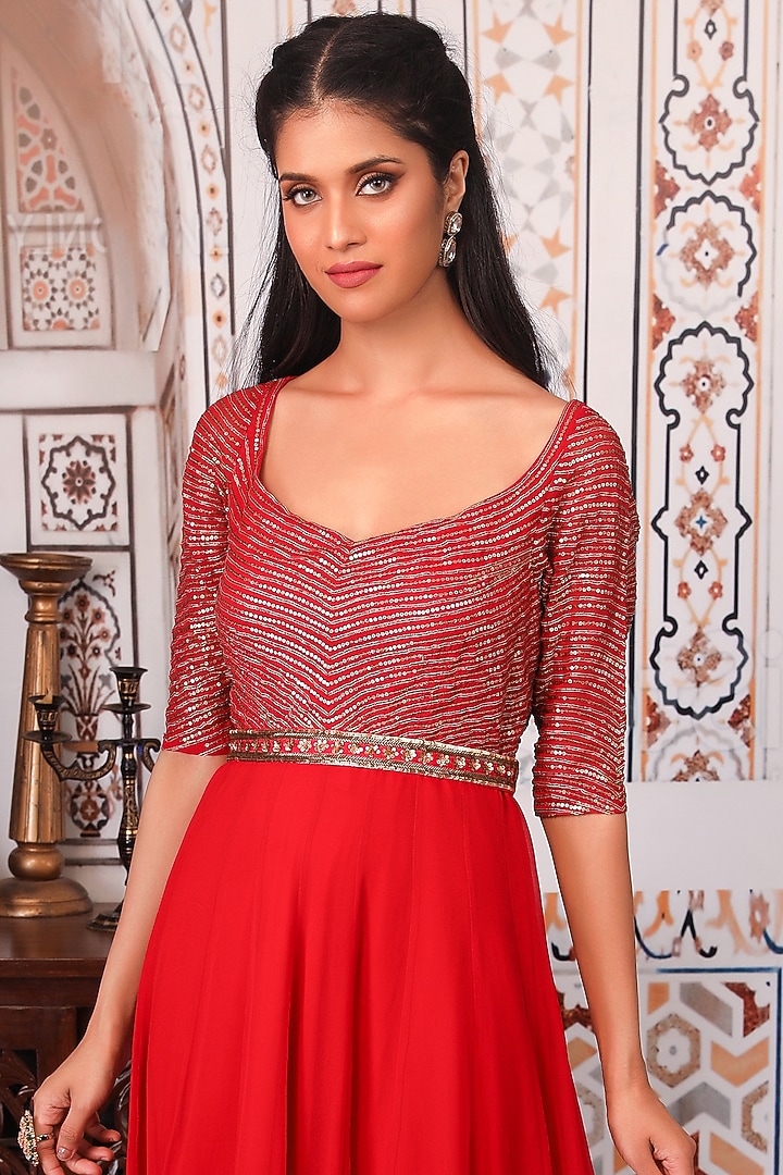 Red Sequins Embellished Wedding Anarkali Set by Esha Koul at Pernia's Pop Up Shop