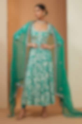 Teal Modal Floral Printed & Mirror Embellished Anarkali Set by Esha Koul at Pernia's Pop Up Shop