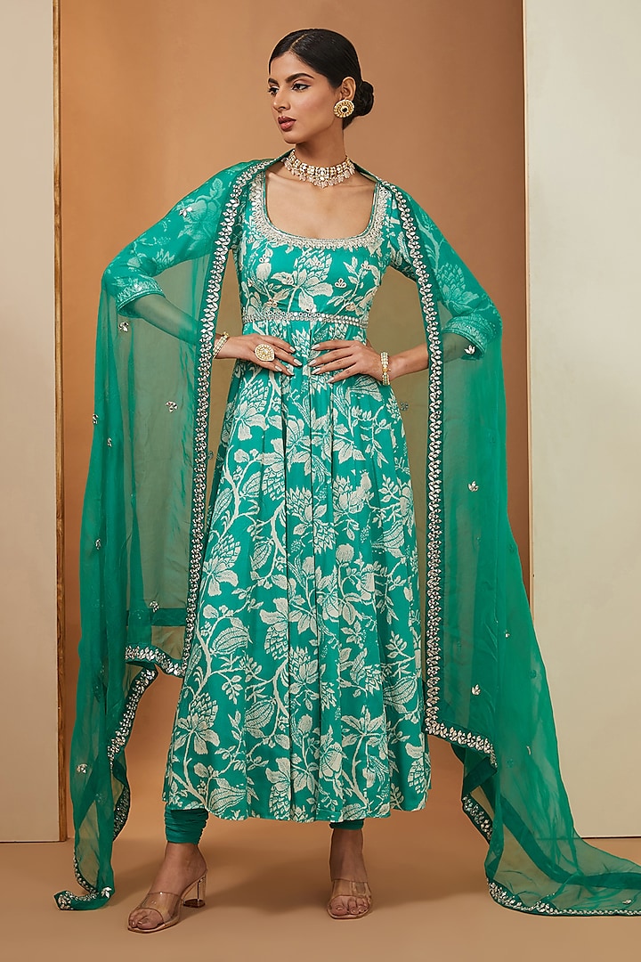 Teal Modal Floral Printed & Mirror Embellished Anarkali Set by Esha Koul at Pernia's Pop Up Shop