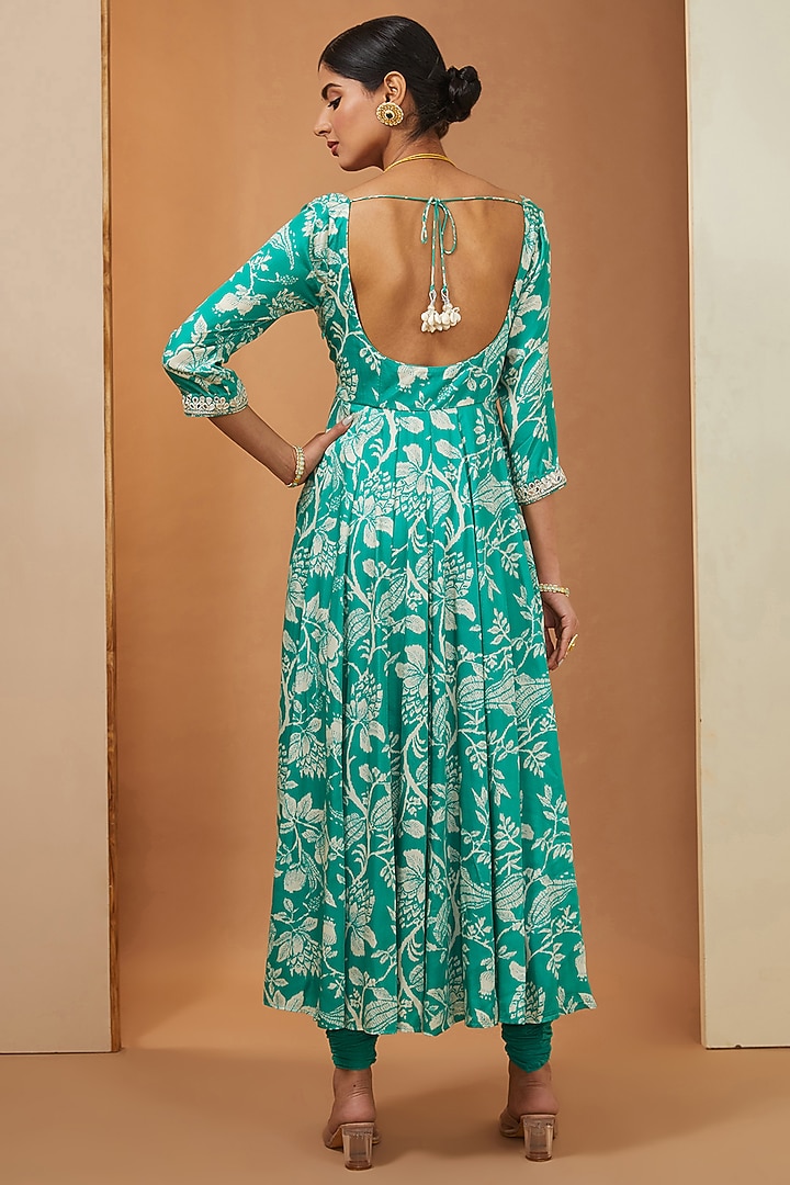 Teal Modal Floral Printed & Mirror Embellished Wedding Anarkali Set by Esha Koul at Pernia's Pop Up Shop