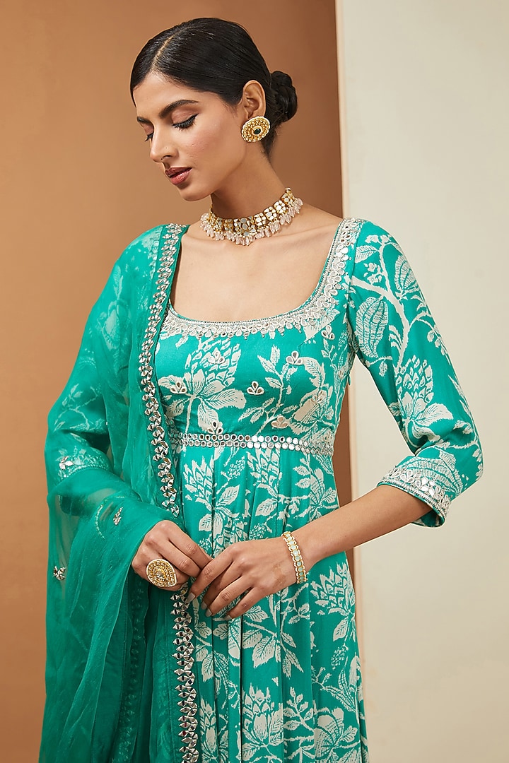 Teal Modal Floral Printed & Mirror Embellished Wedding Anarkali Set by Esha Koul at Pernia's Pop Up Shop