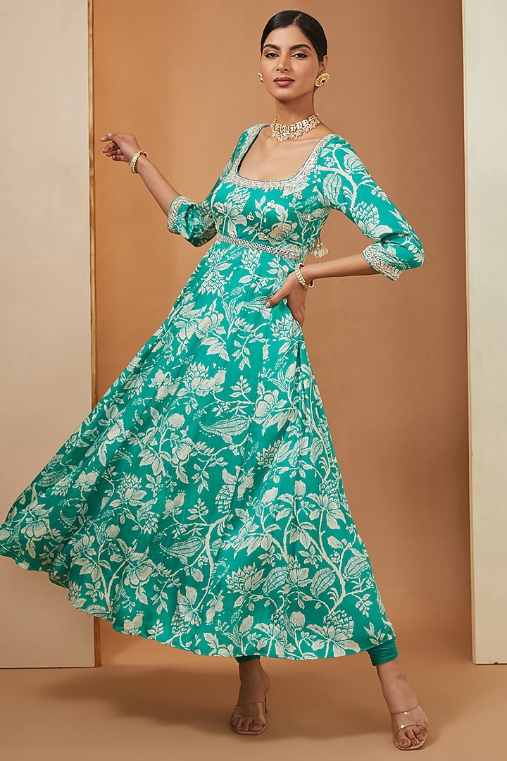 Teal Modal Floral Printed & Mirror Embellished Wedding Anarkali Set by Esha Koul at Pernia's Pop Up Shop