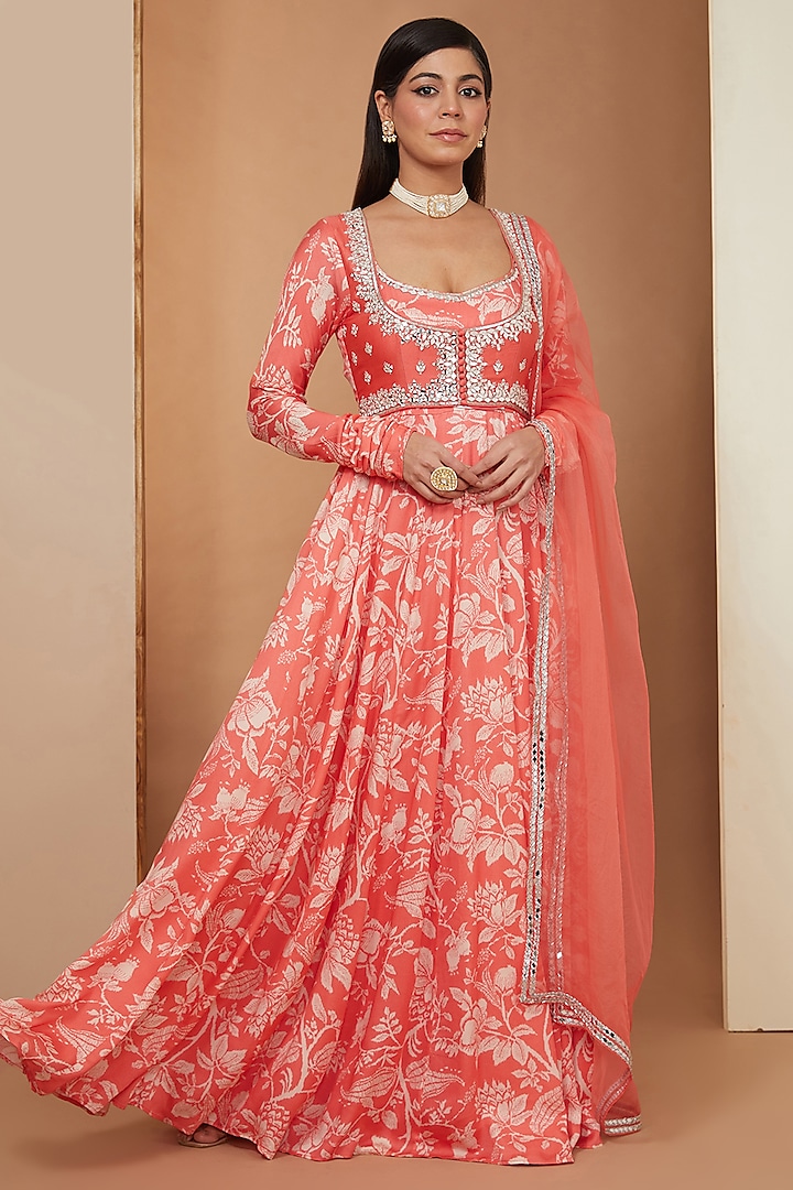 Gajari Red Modal Floral Printed & Mirror Embellished Anarkali Set by Esha Koul at Pernia's Pop Up Shop