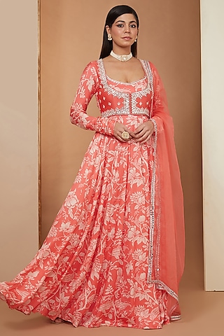 Gajari Red Modal Floral Printed & Mirror Embellished Anarkali Set by Esha Koul