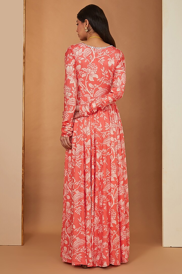 Gajari Red Modal Floral Printed & Mirror Embellished Wedding Anarkali Set by Esha Koul at Pernia's Pop Up Shop