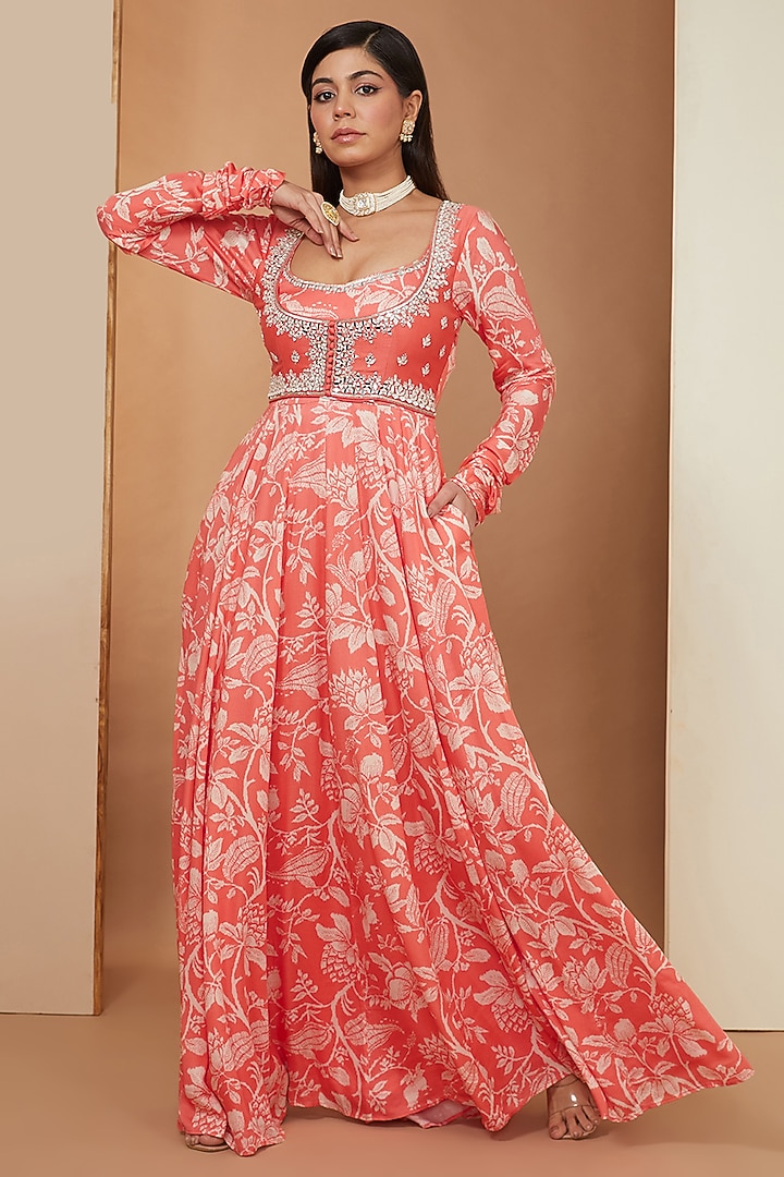 Gajari Red Modal Floral Printed & Mirror Embellished Wedding Anarkali Set by Esha Koul at Pernia's Pop Up Shop