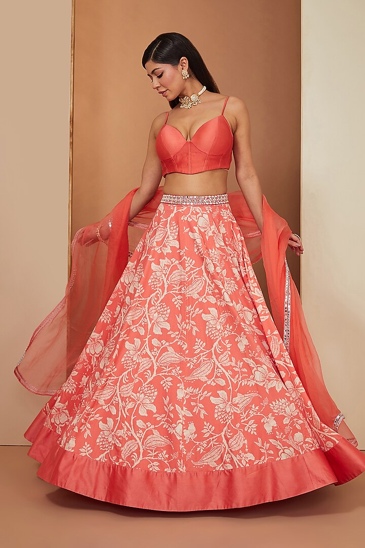 Gajari Red Modal Floral Printed & Mirror Embellished Lehenga Set by Esha Koul at Pernia's Pop Up Shop