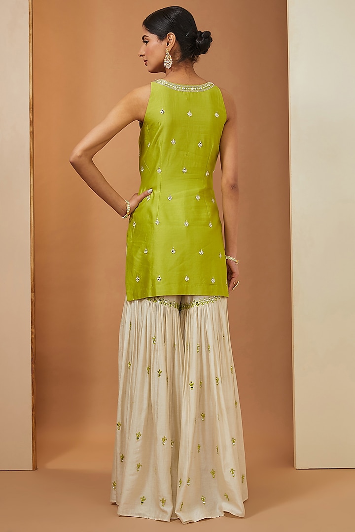 Off-White Chanderi Mirror Work Wedding Sharara Set by Esha Koul at Pernia's Pop Up Shop