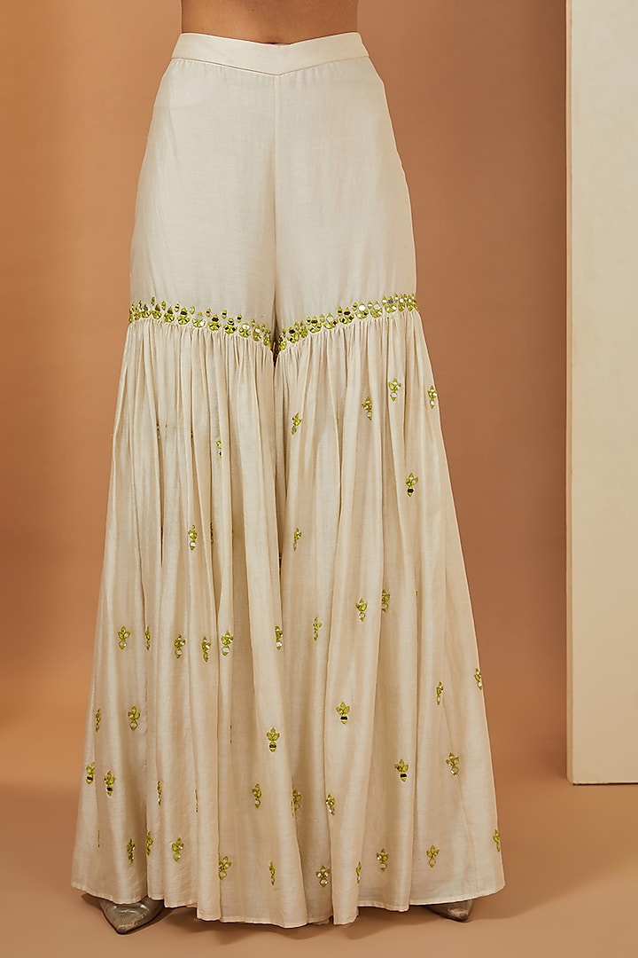 Off-White Chanderi Mirror Work Wedding Sharara Set by Esha Koul at Pernia's Pop Up Shop