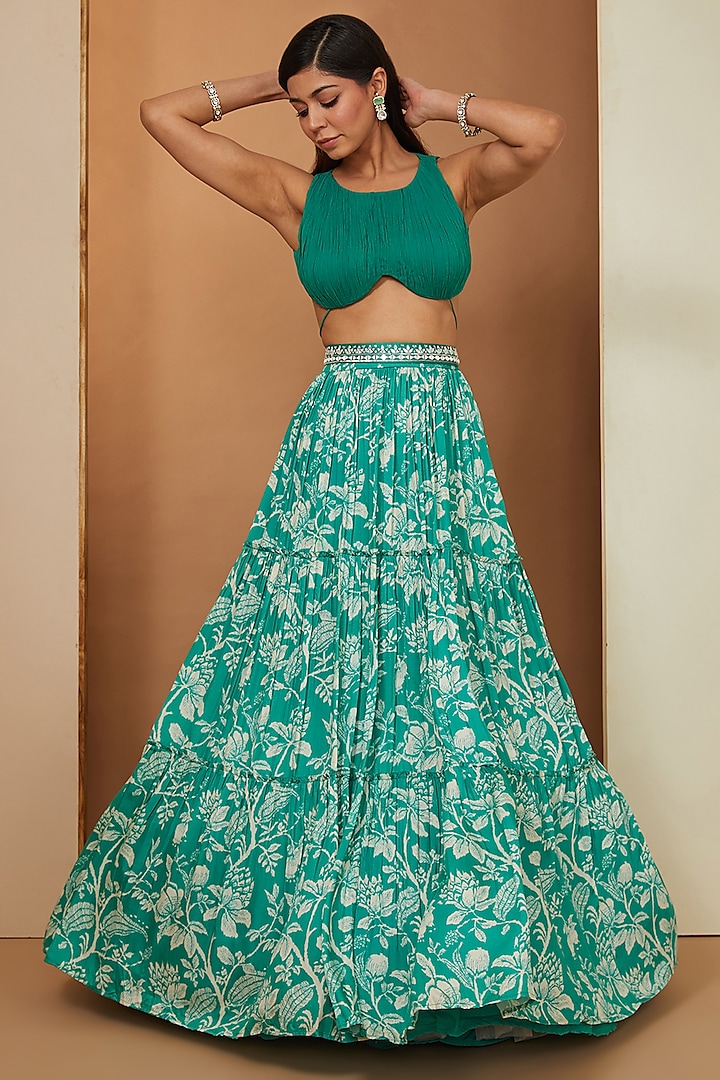 Teal Modal Floral Printed & Mirror Embellished Skirt Set by Esha Koul