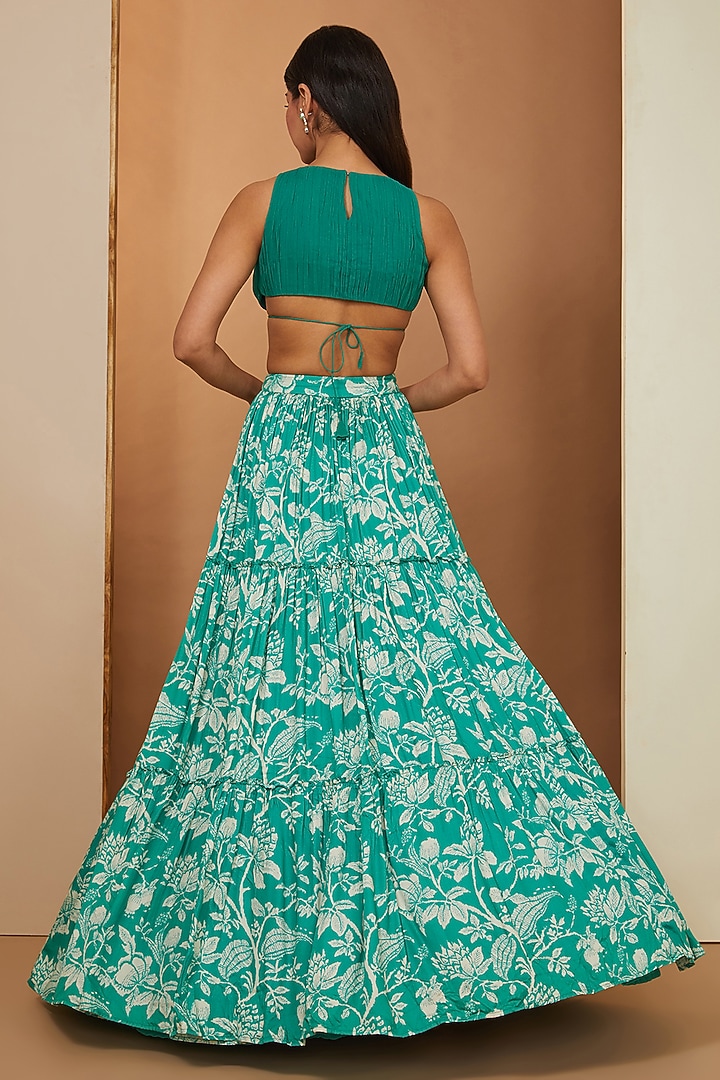 Teal Modal Floral Printed & Mirror Embellished Skirt Set by Esha Koul at Pernia's Pop Up Shop