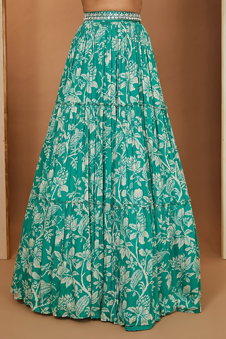 Teal Modal Floral Printed & Mirror Embellished Skirt Set by Esha Koul at Pernia's Pop Up Shop