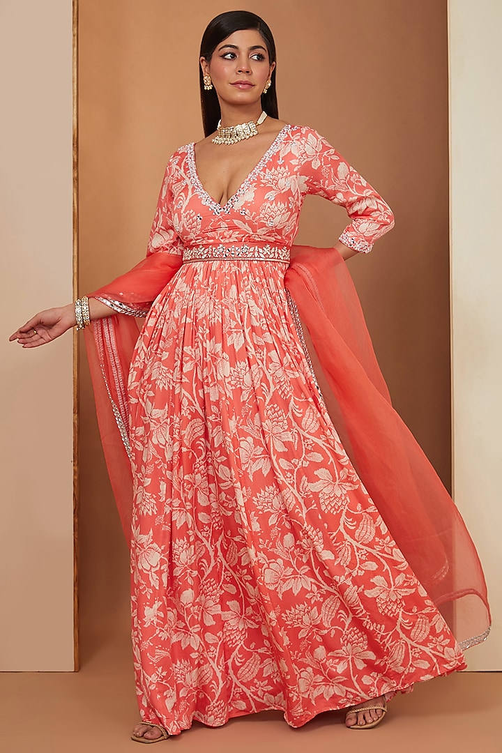 Gajari Red Modal Floral Printed & Mirror Embellished Anarkali Set by Esha Koul at Pernia's Pop Up Shop