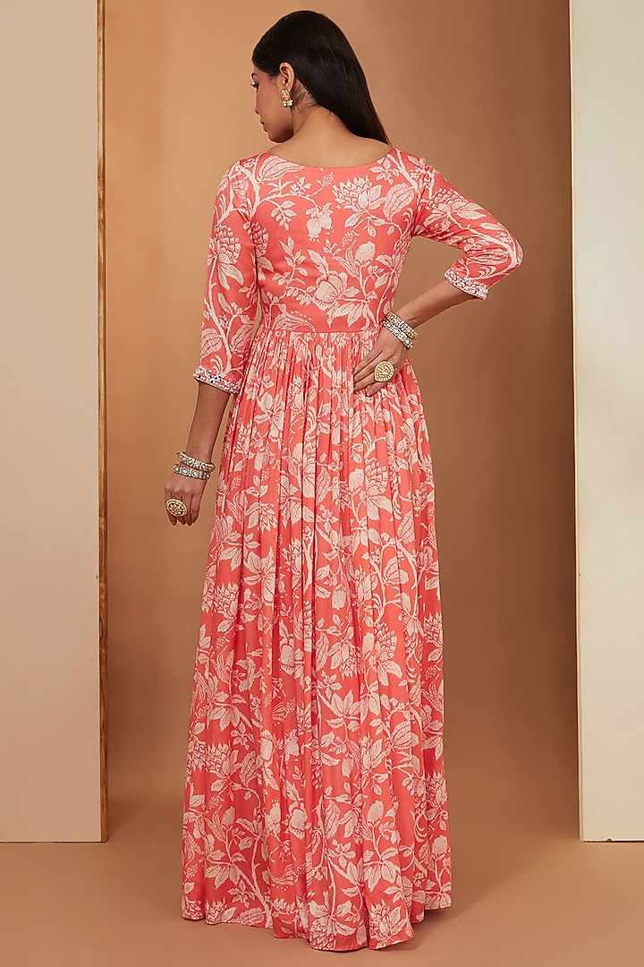 Gajari Red Modal Floral Printed & Mirror Embellished Party Wear Anarkali Set by Esha Koul at Pernia's Pop Up Shop