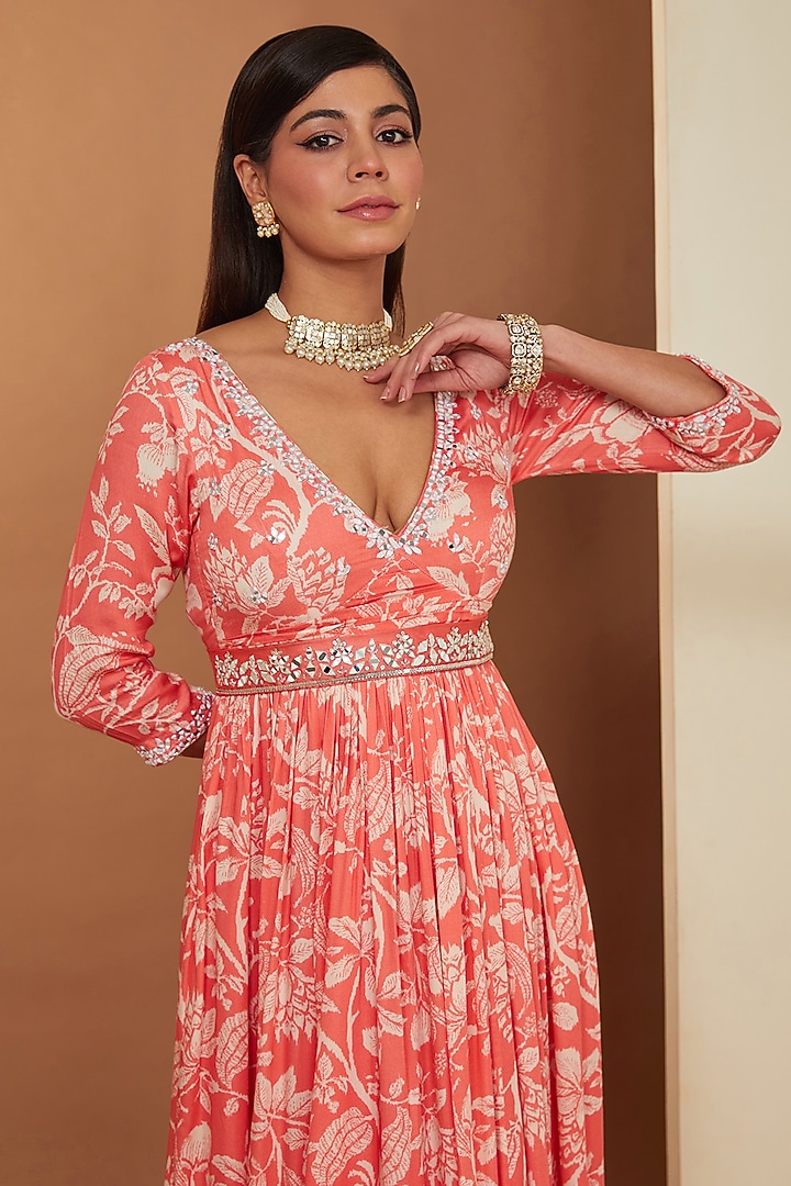 Gajari Red Modal Floral Printed & Mirror Embellished Party Wear Anarkali Set by Esha Koul at Pernia's Pop Up Shop