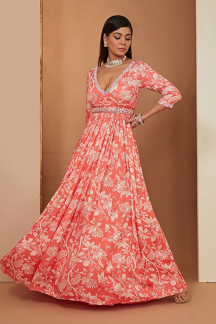 Gajari Red Modal Floral Printed & Mirror Embellished Party Wear Anarkali Set by Esha Koul at Pernia's Pop Up Shop