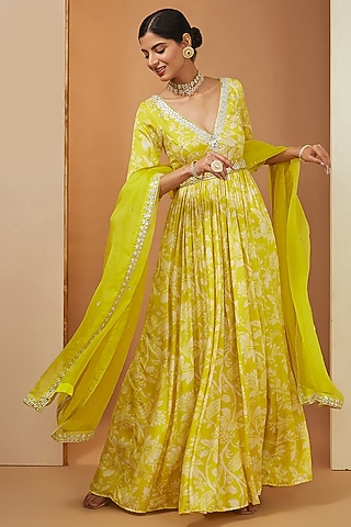 Lemon Yellow Modal Floral Printed & Mirror Embellished Anarkali Set by Esha Koul