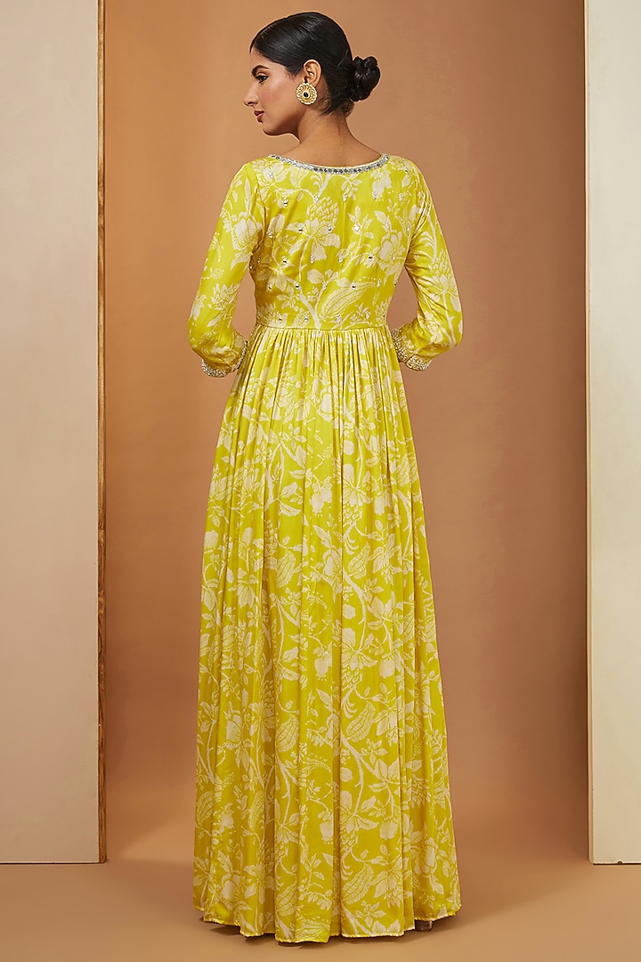 Lemon Yellow Modal Floral Printed & Mirror Embellished Wedding Anarkali Set by Esha Koul at Pernia's Pop Up Shop