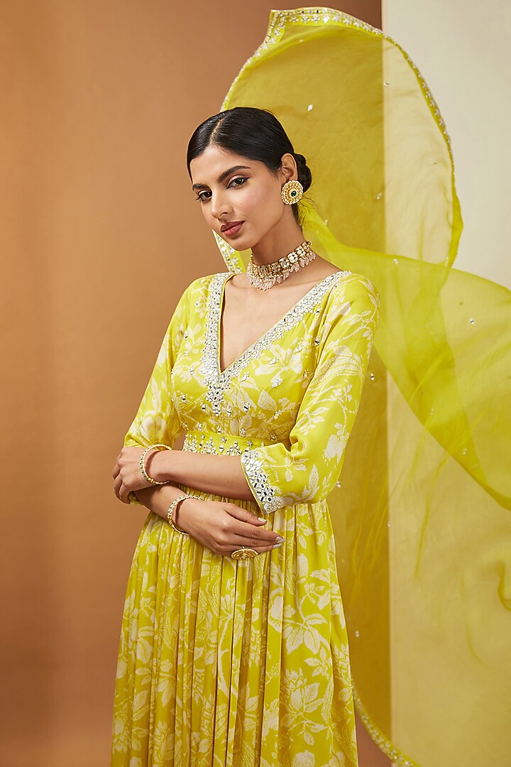 Lemon Yellow Modal Floral Printed & Mirror Embellished Wedding Anarkali Set by Esha Koul at Pernia's Pop Up Shop