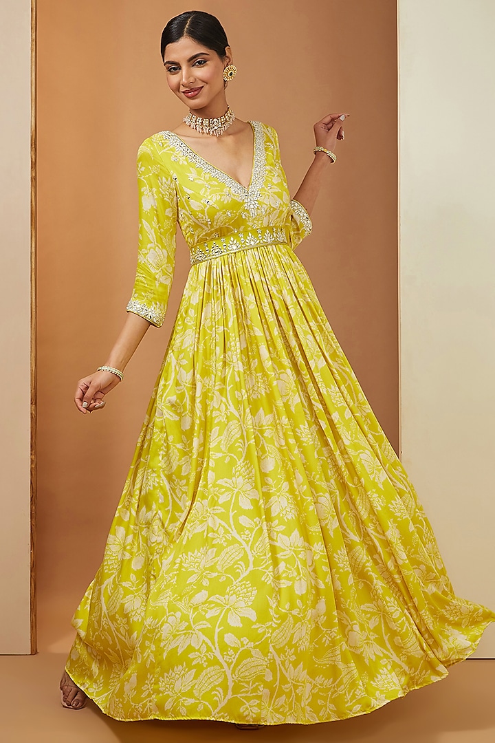 Lemon Yellow Modal Floral Printed & Mirror Embellished Wedding Anarkali Set by Esha Koul at Pernia's Pop Up Shop