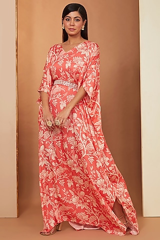 Gajari Red Modal Floral Printed Kaftan Set by Esha Koul