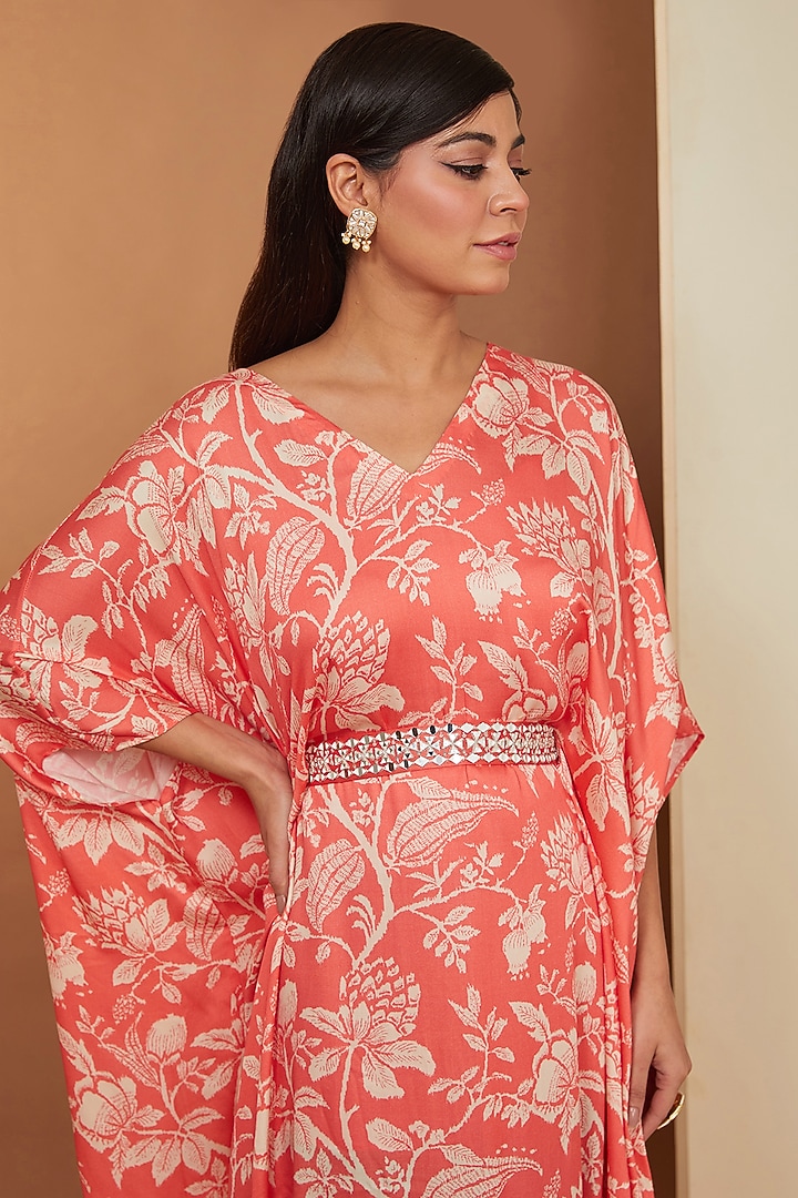 Gajari Red Modal Floral Printed Kaftan Set by Esha Koul at Pernia's Pop Up Shop