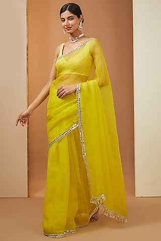 Lemon Yellow Organza Mirror Embellished Saree Set by Esha Koul