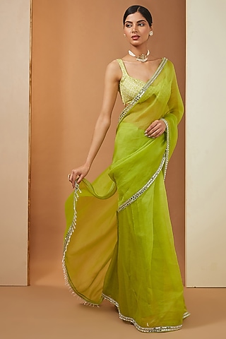 Mehendi Green Organza Mirror Embellished Saree Set by Esha Koul