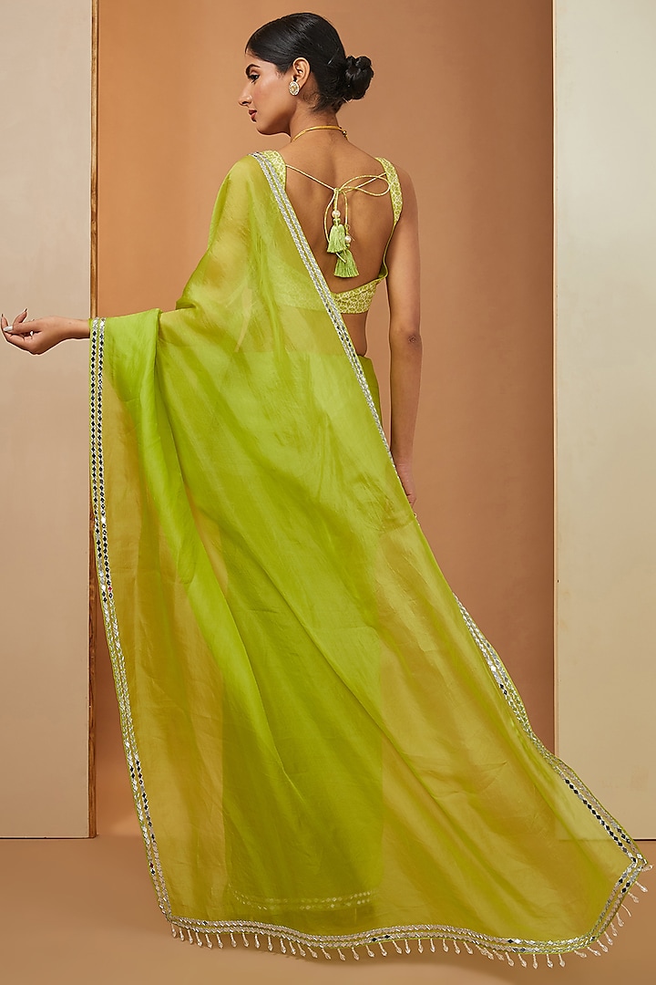 Mehendi Green Organza Mirror Embellished Party Wear Saree Set by Esha Koul at Pernia's Pop Up Shop