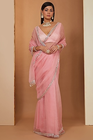 Pink Organza Mirror Embellished Saree Set by Esha Koul