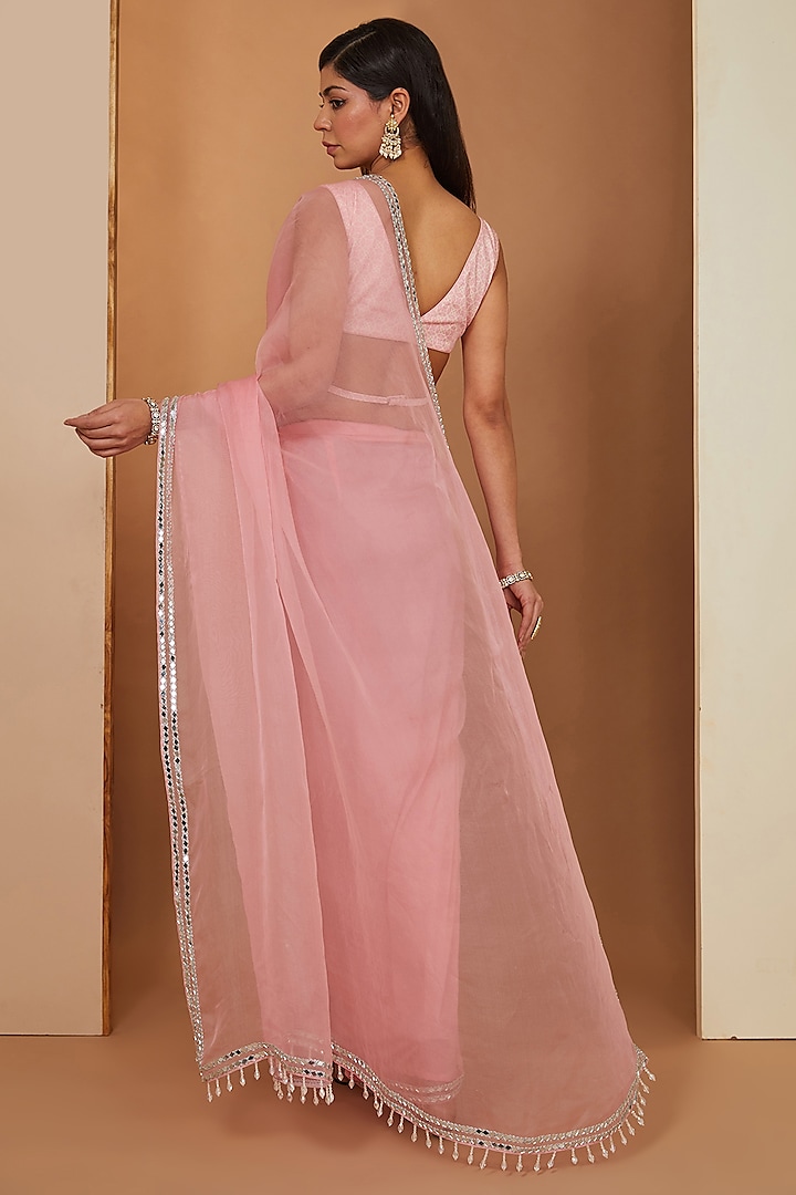 Pink Organza Mirror Embellished Party Wear Saree Set by Esha Koul at Pernia's Pop Up Shop