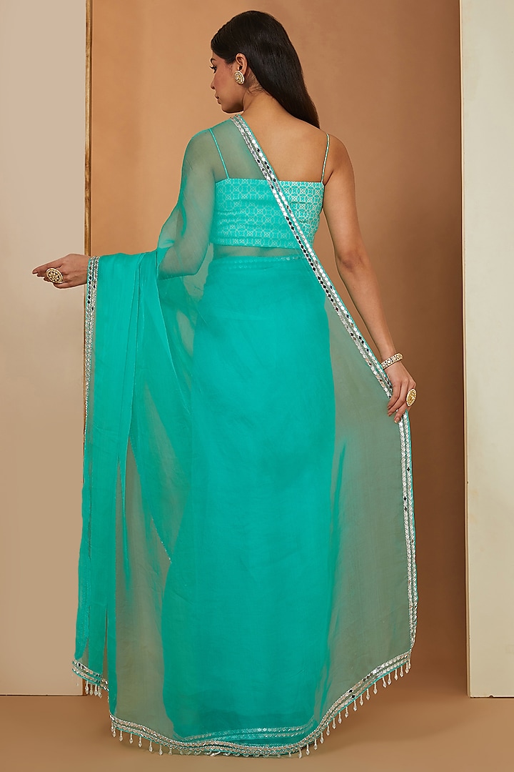 Firozi Organza Mirror Embellished Party Wear Saree Set by Esha Koul at Pernia's Pop Up Shop