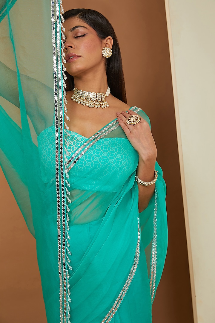 Firozi Organza Mirror Embellished Party Wear Saree Set by Esha Koul at Pernia's Pop Up Shop