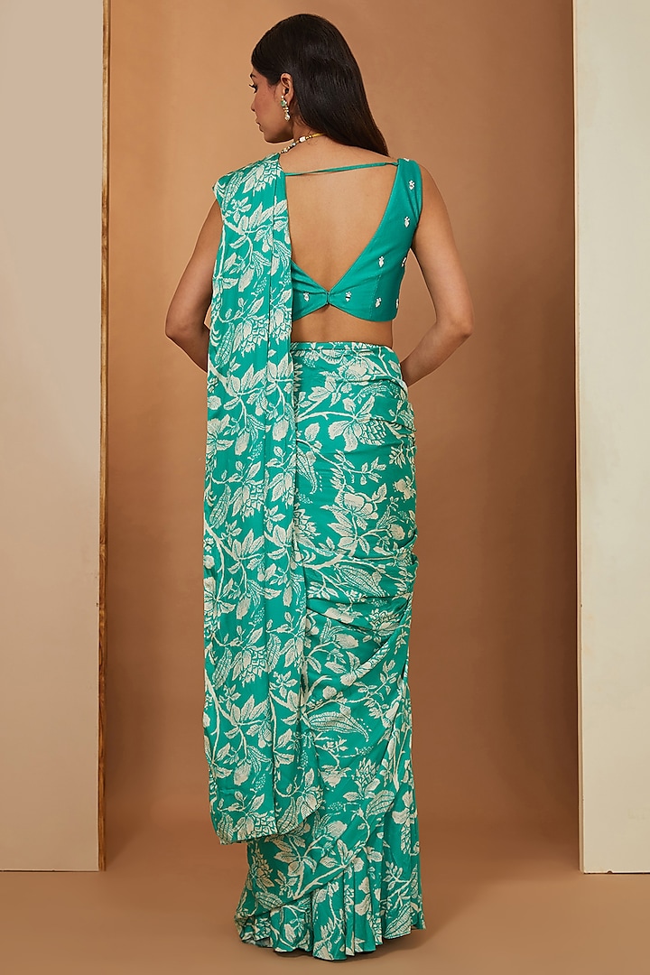 Teal Modal Floral Printed Pre-Draped Wedding Saree Set by Esha Koul at Pernia's Pop Up Shop