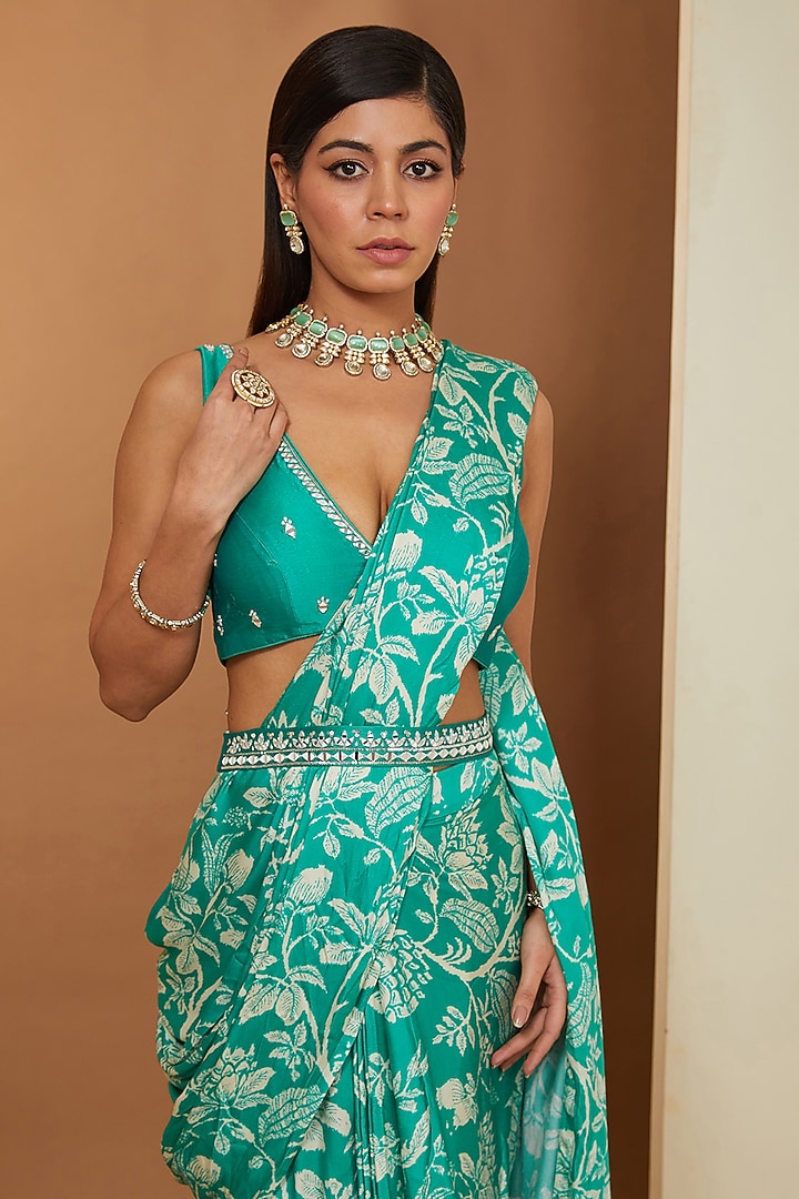 Teal Modal Floral Printed Pre-Draped Wedding Saree Set by Esha Koul at Pernia's Pop Up Shop
