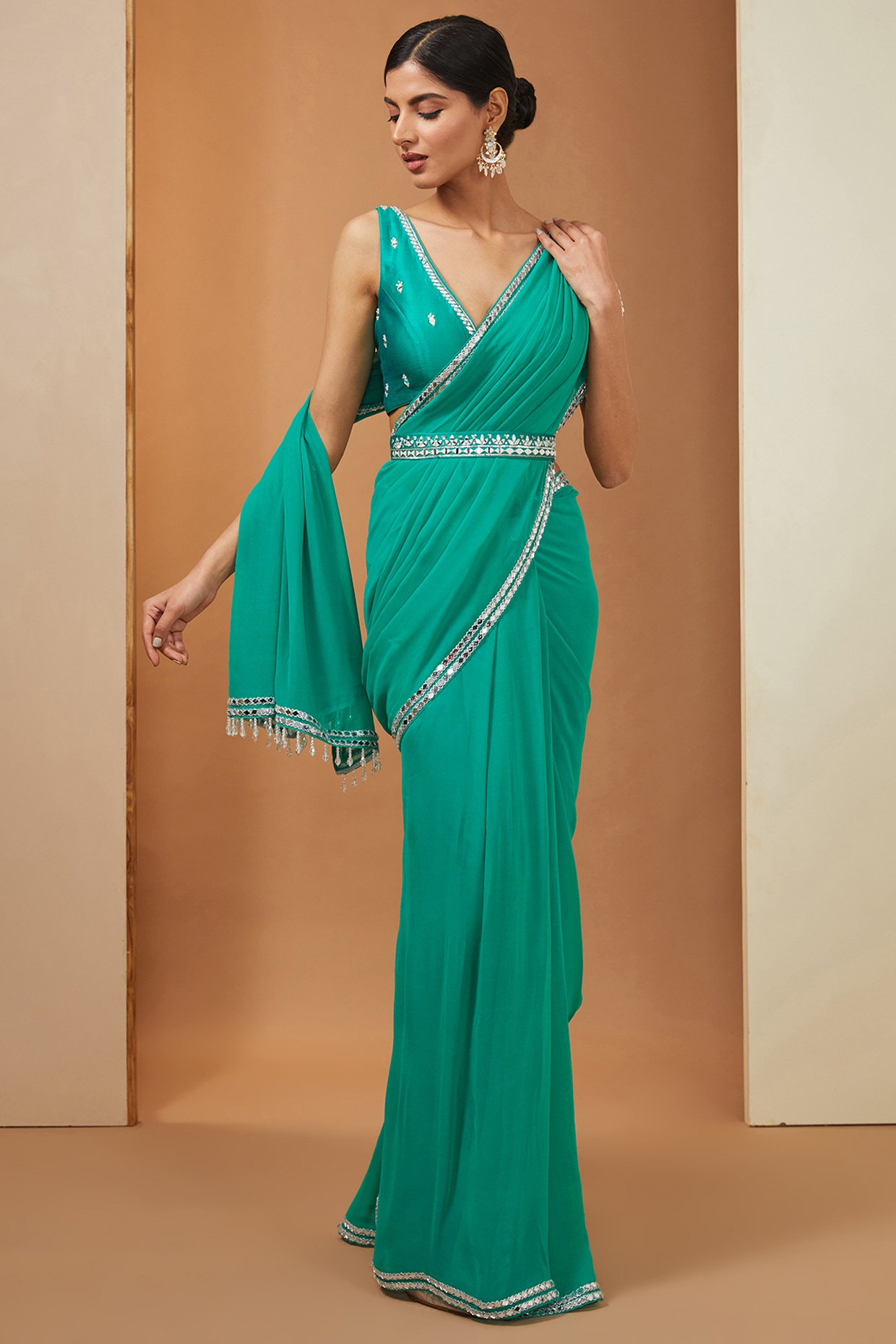 Buy Mehendi Green Chiffon Sequins Event Wear Saree With Choli Online