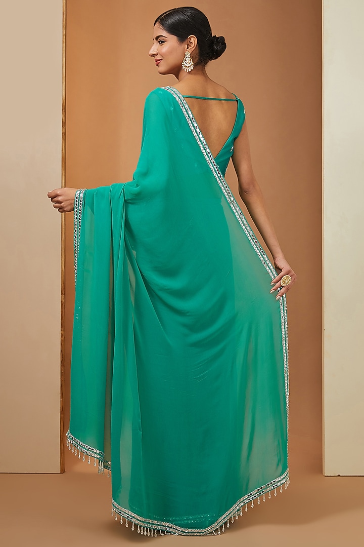 Teal Georgette Mirror Embroidered Party Wear Saree Set by Esha Koul at Pernia's Pop Up Shop