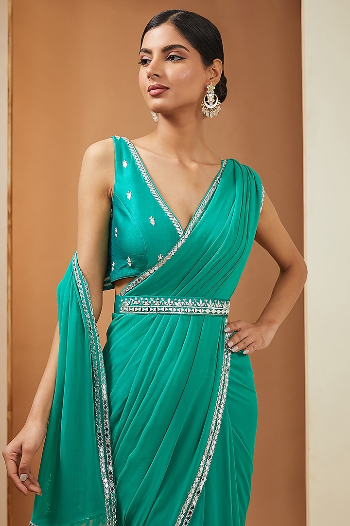 Teal Georgette Mirror Embroidered Party Wear Saree Set by Esha Koul at Pernia's Pop Up Shop