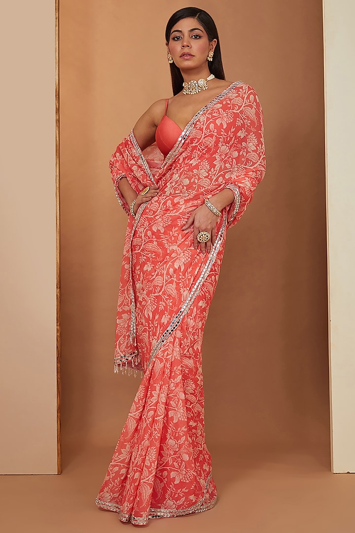 Gajari Red Georgette Floral Printed & Mirror Embellished Saree Set by Esha Koul